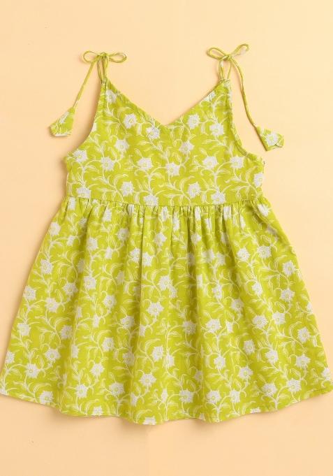 Green Printed Cotton Kurta Set For Girls