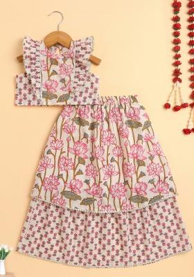 Off White Printed Cotton Co Ord Set For Girls
