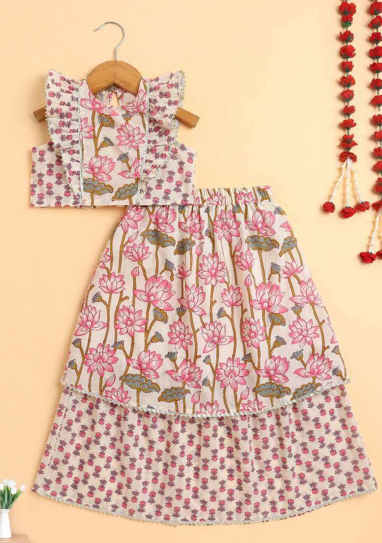 Off White Printed Cotton Co Ord Set For Girls - Indya