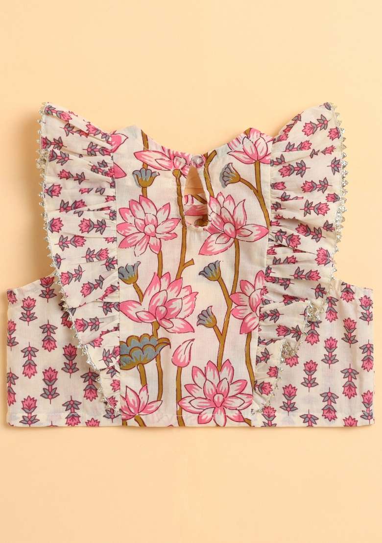 Off White Printed Cotton Co Ord Set For Girls - Indya