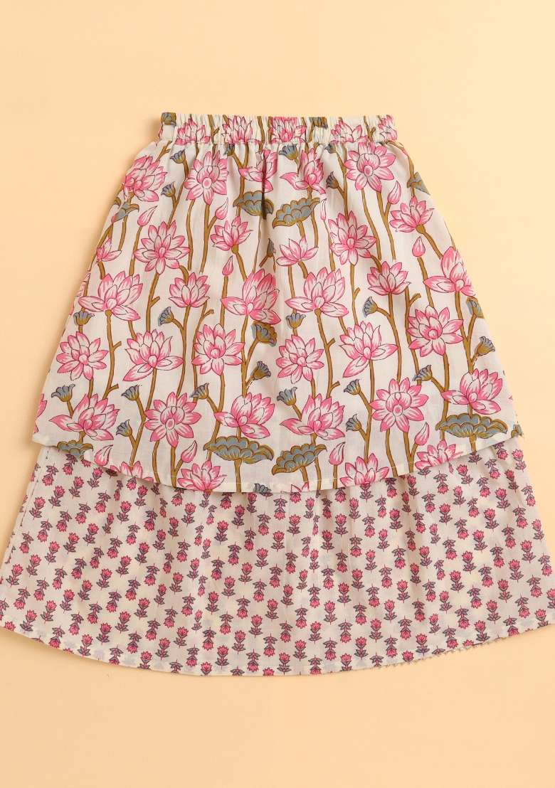 Off White Printed Cotton Co Ord Set For Girls - Indya