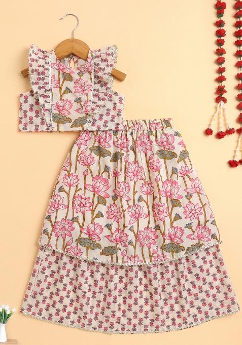 Off White Printed Cotton Co Ord Set For Girls