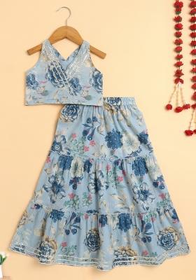 Blue Printed Cotton Co Ord Set For Girls