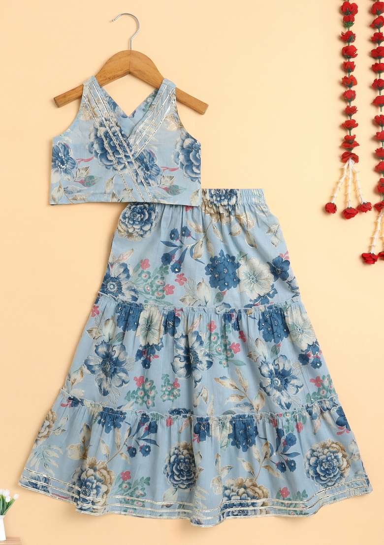 Blue Printed Cotton Co Ord Set For Girls - Indya