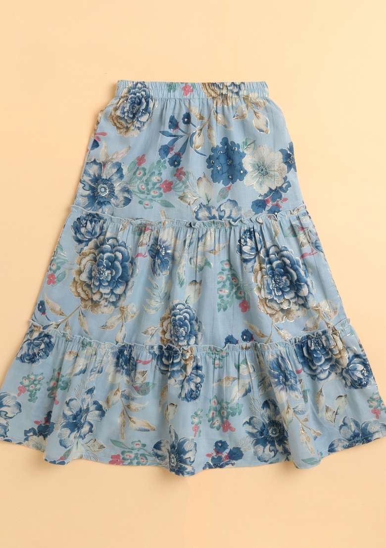 Blue Printed Cotton Co Ord Set For Girls - Indya