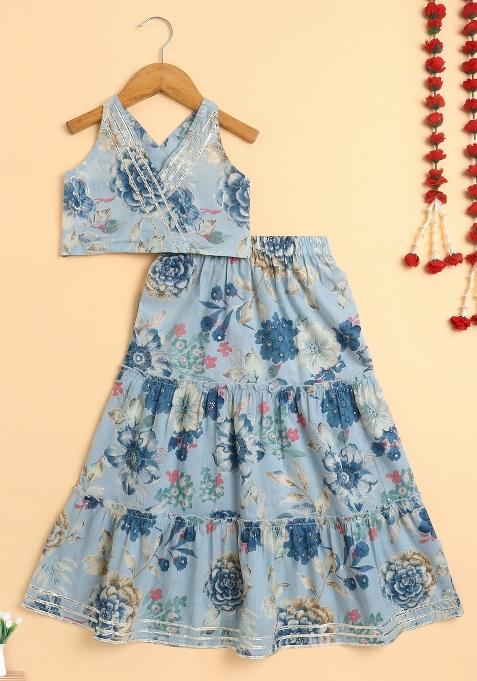 Blue Printed Cotton Co Ord Set For Girls
