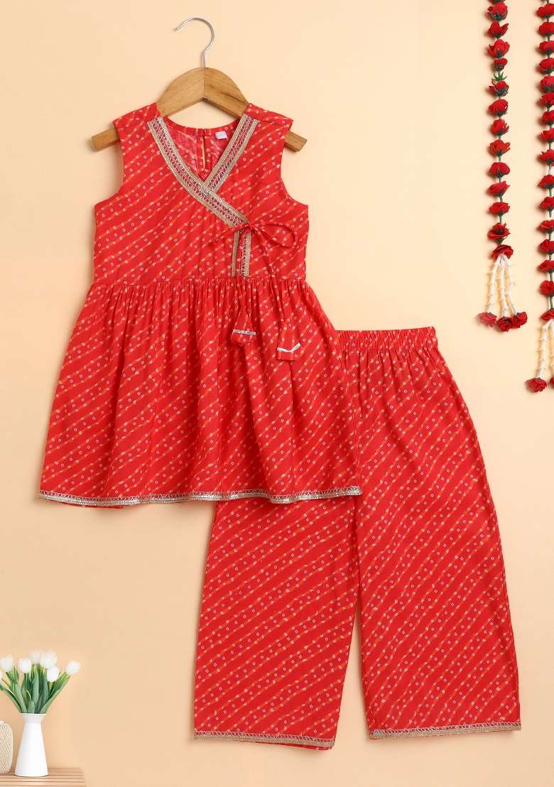 Red Printed Cotton Palazzo Set For Girls - Indya