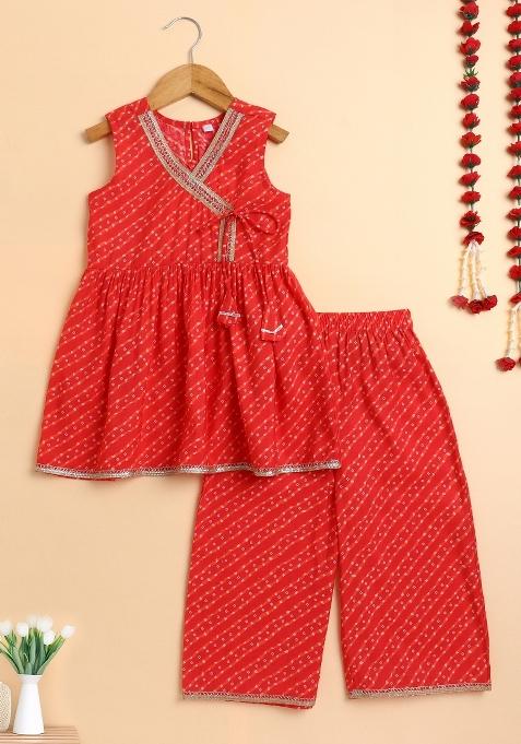 Red Printed Cotton Palazzo Set For Girls
