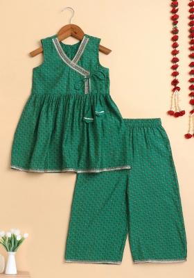 Green Printed Cotton Palazzo Set For Girls