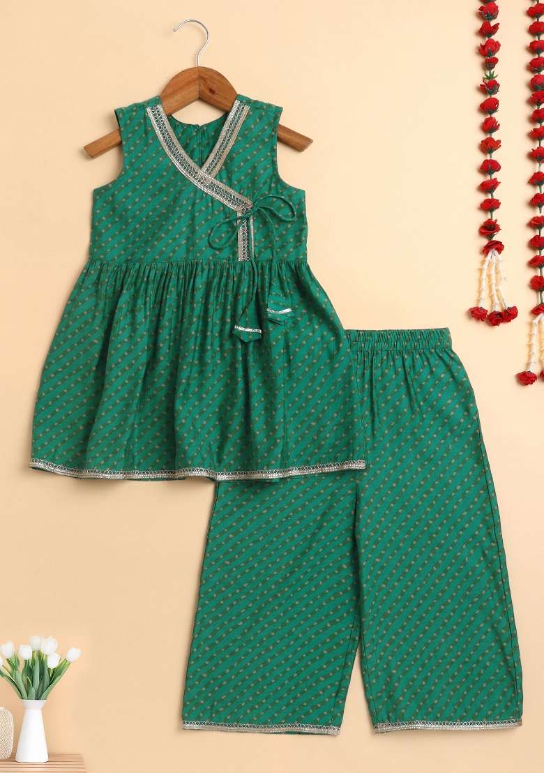 Green Printed Cotton Palazzo Set For Girls - Indya