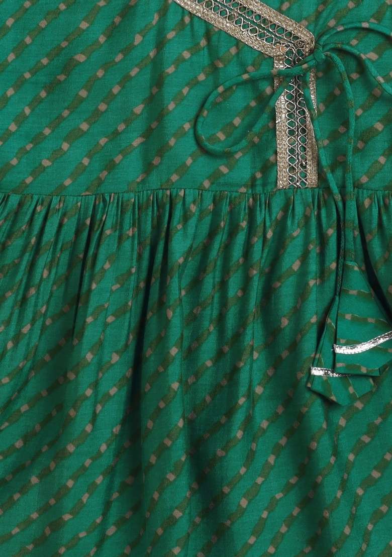 Green Printed Cotton Palazzo Set For Girls - Indya