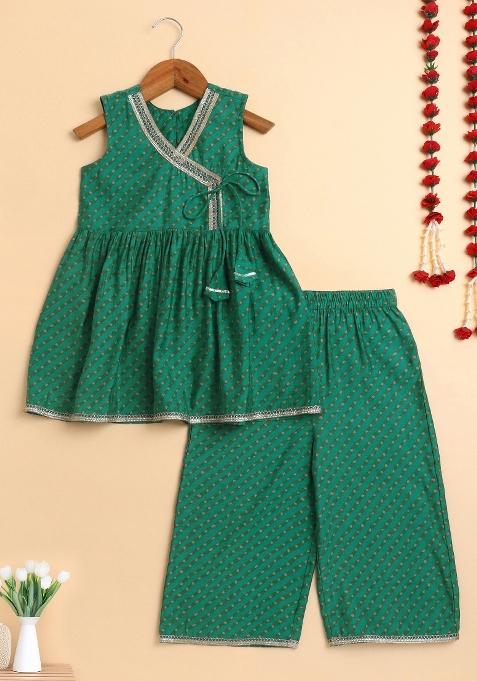 Green Printed Cotton Palazzo Set For Girls