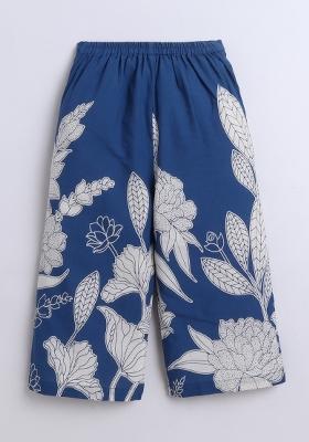 Teal Blue Printed Cotton Waist Coat Bottom Set For Girls