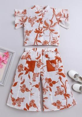 Off White Printed Cotton Waist Coat Bottom Set For Girls
