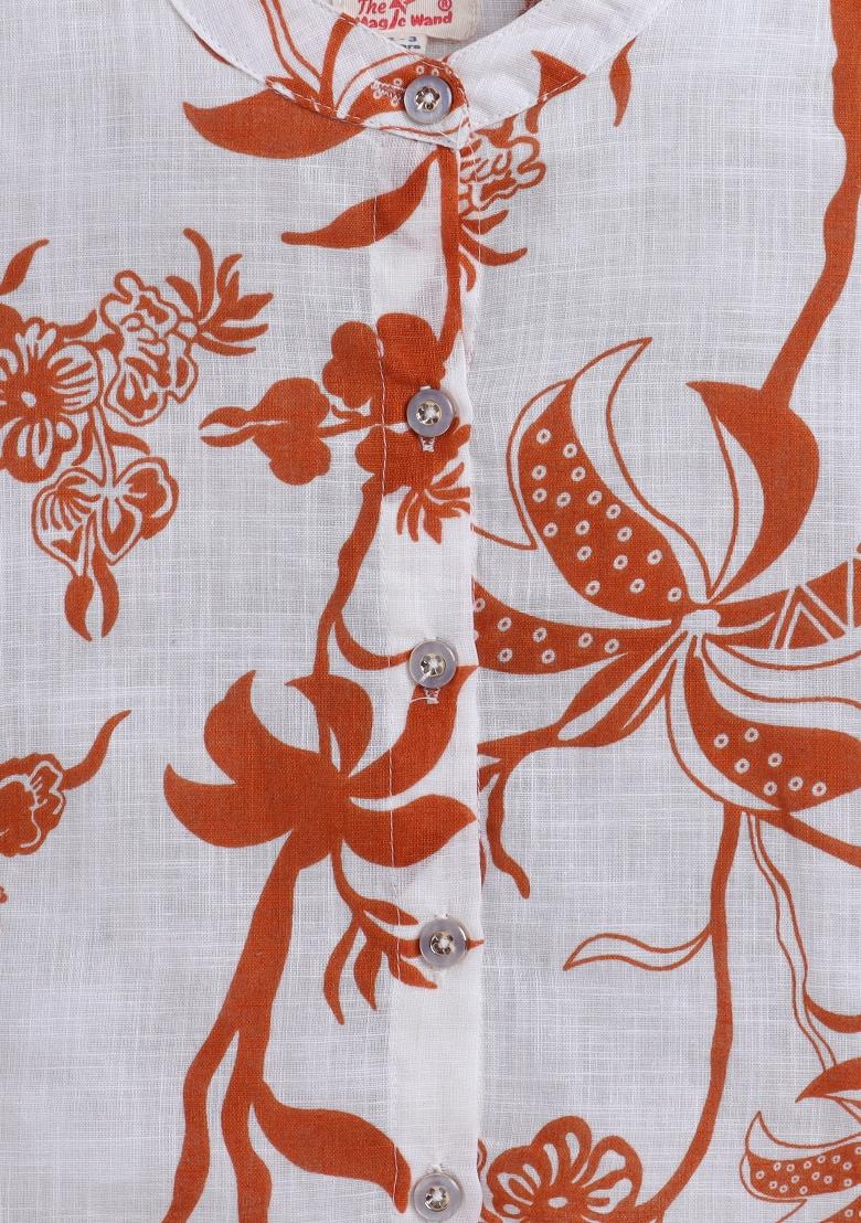 Off White Printed Cotton Waist Coat Bottom Set For Girls - Indya