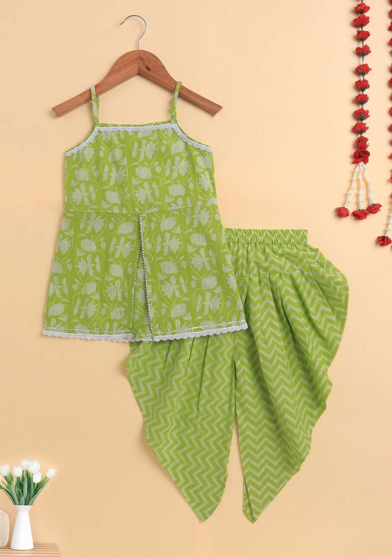 Green Printed Cotton Kurta Set For Girls - Indya