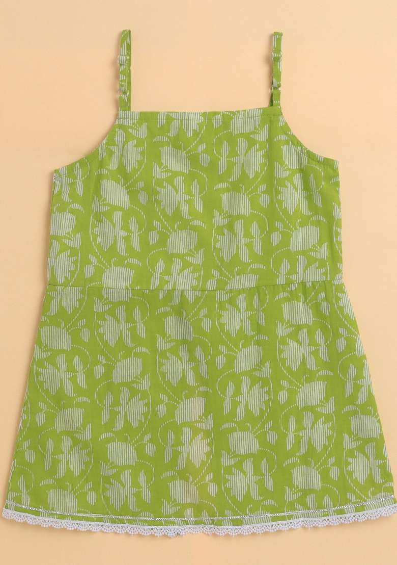 Green Printed Cotton Kurta Set For Girls - Indya