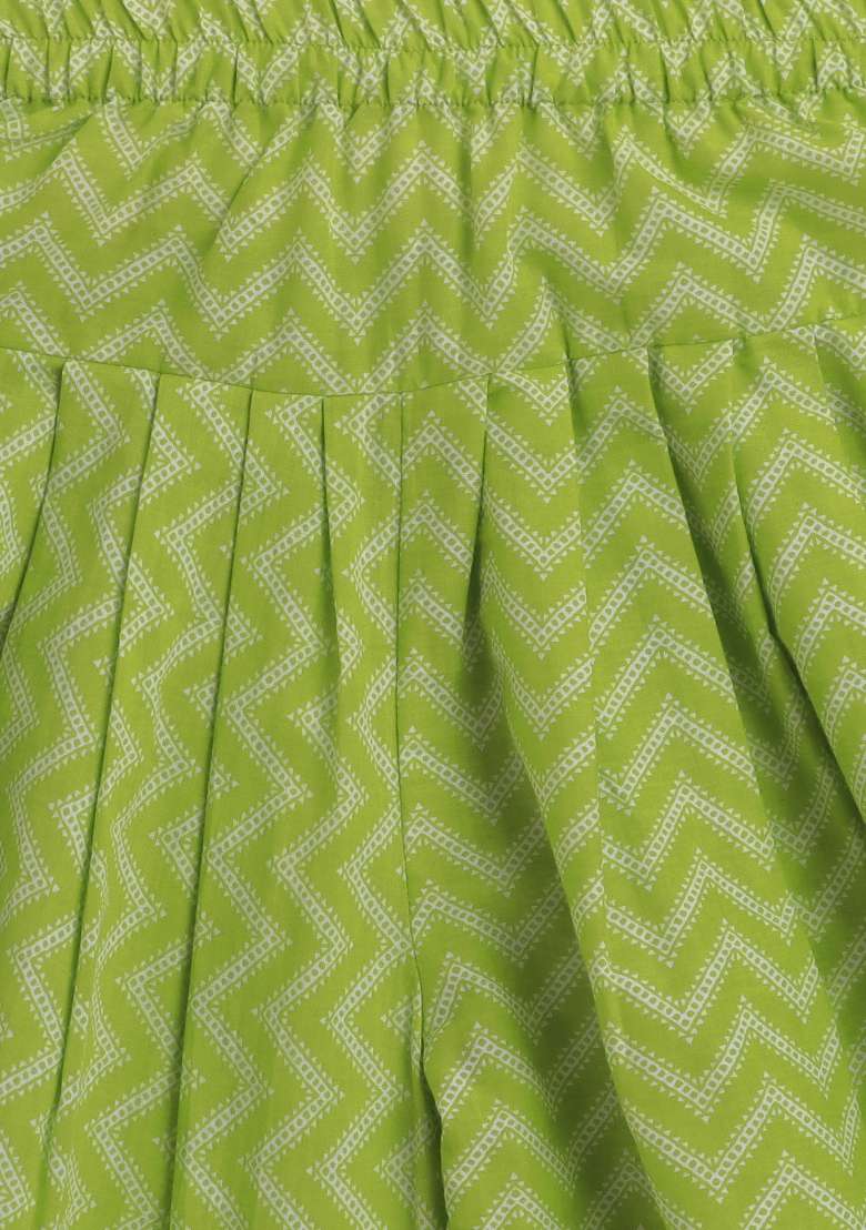 Green Printed Cotton Kurta Set For Girls - Indya