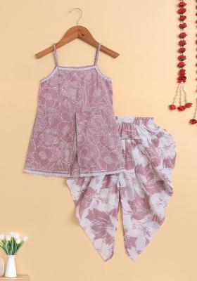 Pink Printed Cotton Kurta Set For Girls
