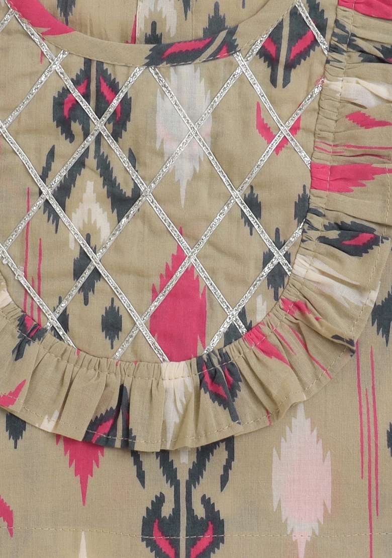 Grey Printed Cotton Kurta Set For Girls - Indya