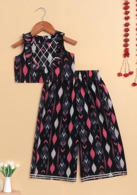 Navy Blue Printed Cotton Kurta Set For Girls