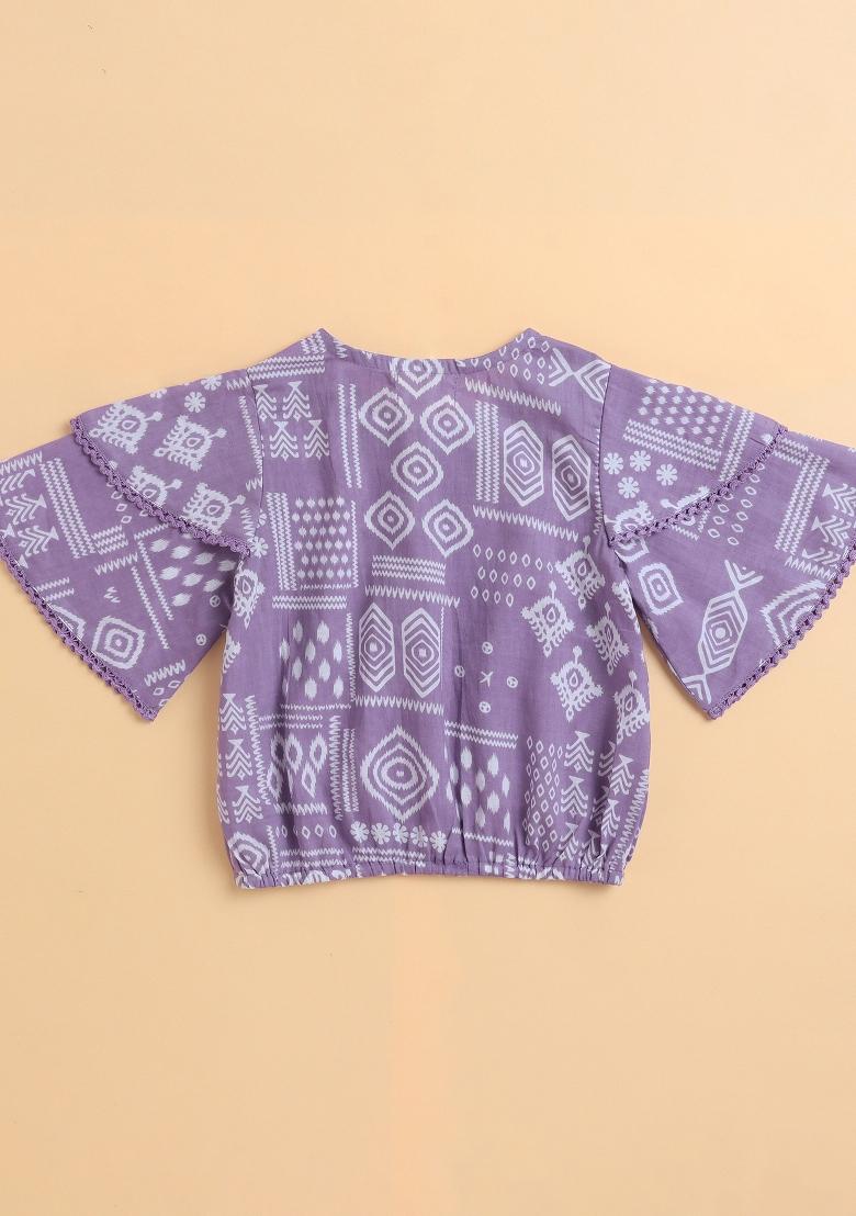 Purple Printed Cotton Kurta Set For Girls - Indya