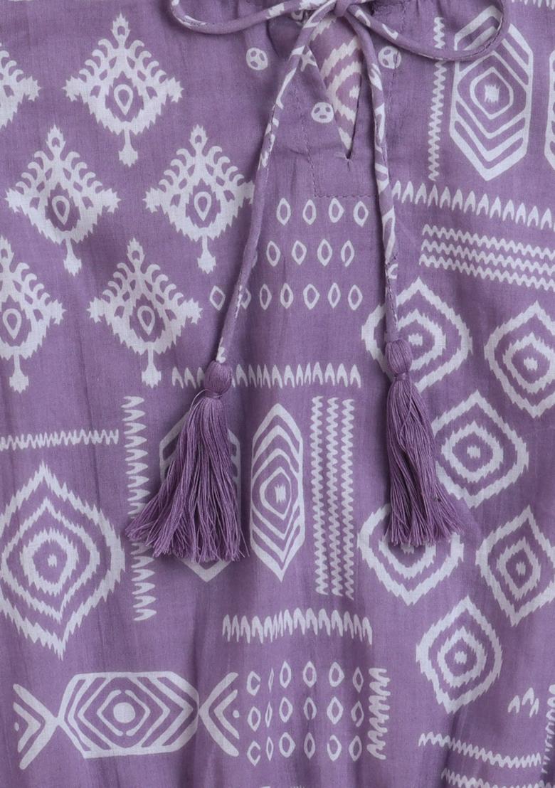 Purple Printed Cotton Kurta Set For Girls - Indya