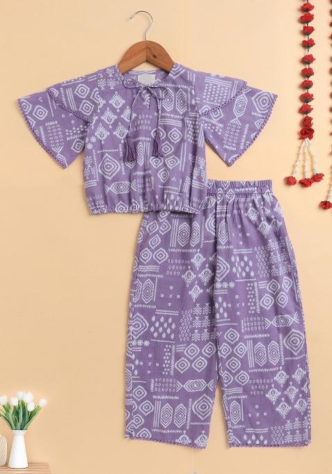 Purple Printed Cotton Kurta Set For Girls