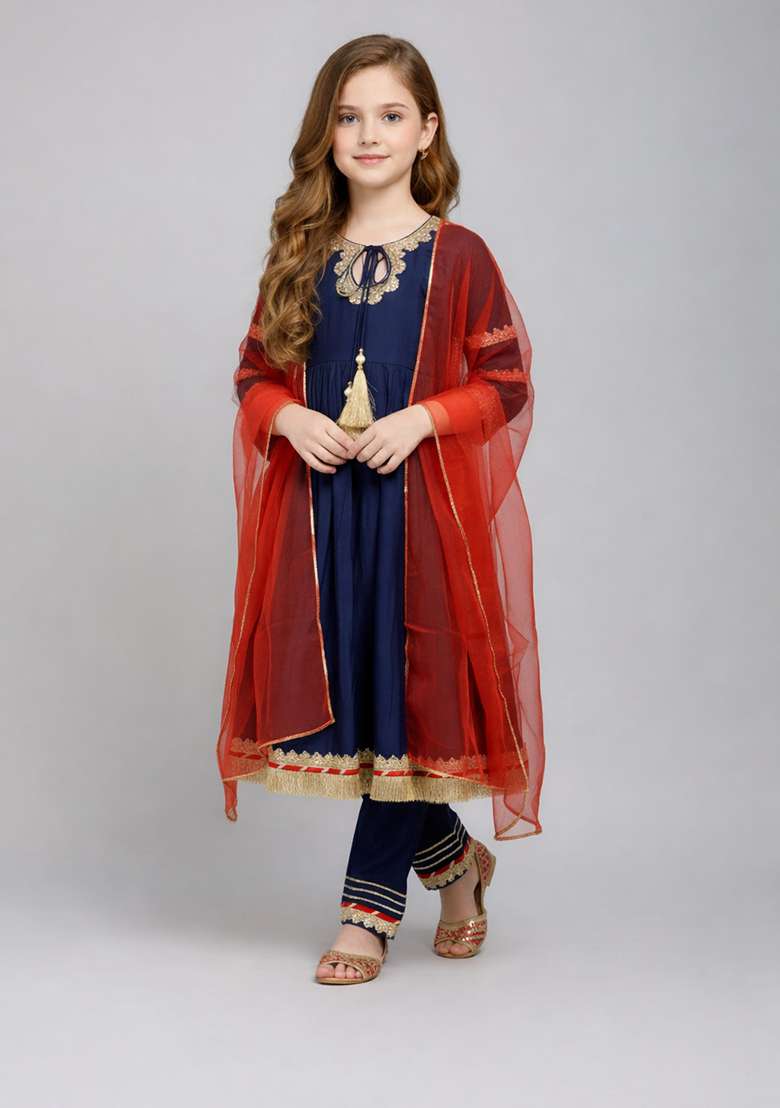 Navy Blue Embellished Polyester Kurta Set For Girls - Indya