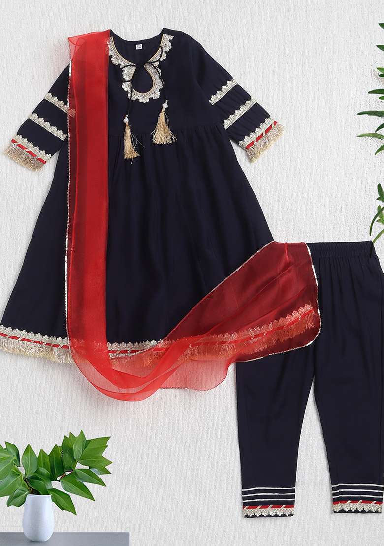 Navy Blue Embellished Polyester Kurta Set For Girls - Indya