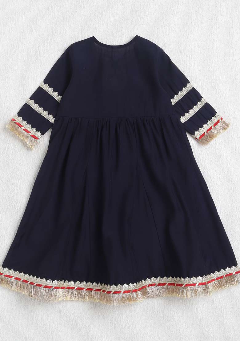 Navy Blue Embellished Polyester Kurta Set For Girls - Indya
