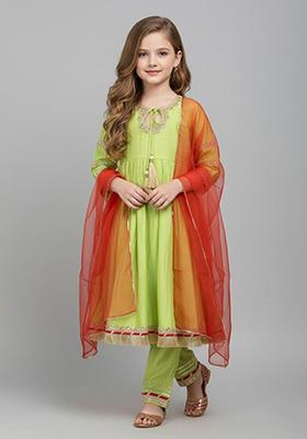 Green Embellished Polyester Kurta Set For Girls