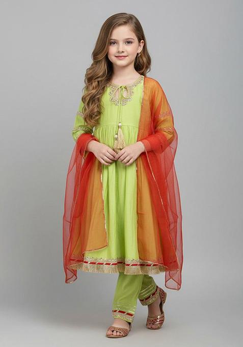 Green Embellished Polyester Kurta Set For Girls — view on Indya