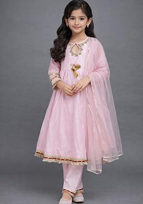 Pink Embellished Polyester Kurta Set For Girls