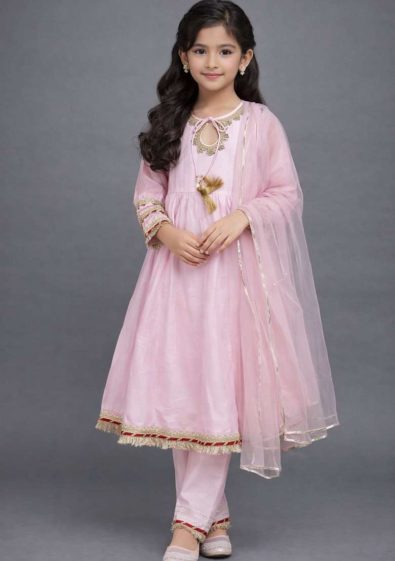 Pink Embellished Polyester Kurta Set For Girls - Indya