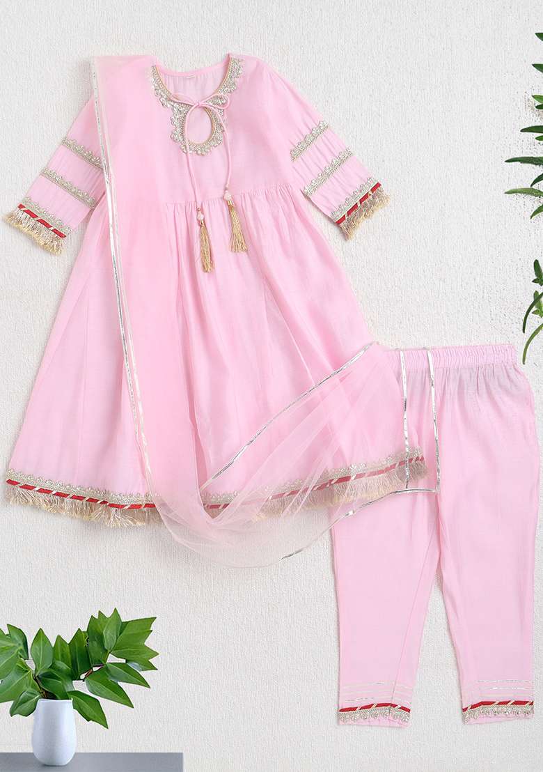 Pink Embellished Polyester Kurta Set For Girls - Indya