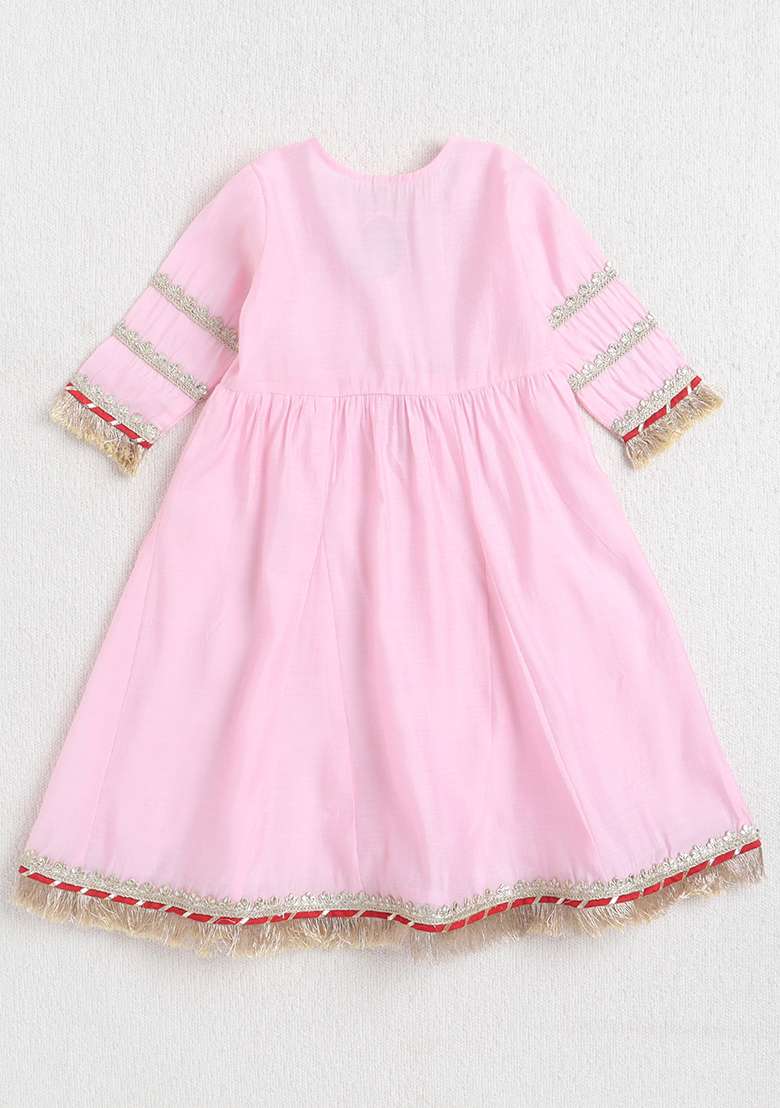 Pink Embellished Polyester Kurta Set For Girls - Indya