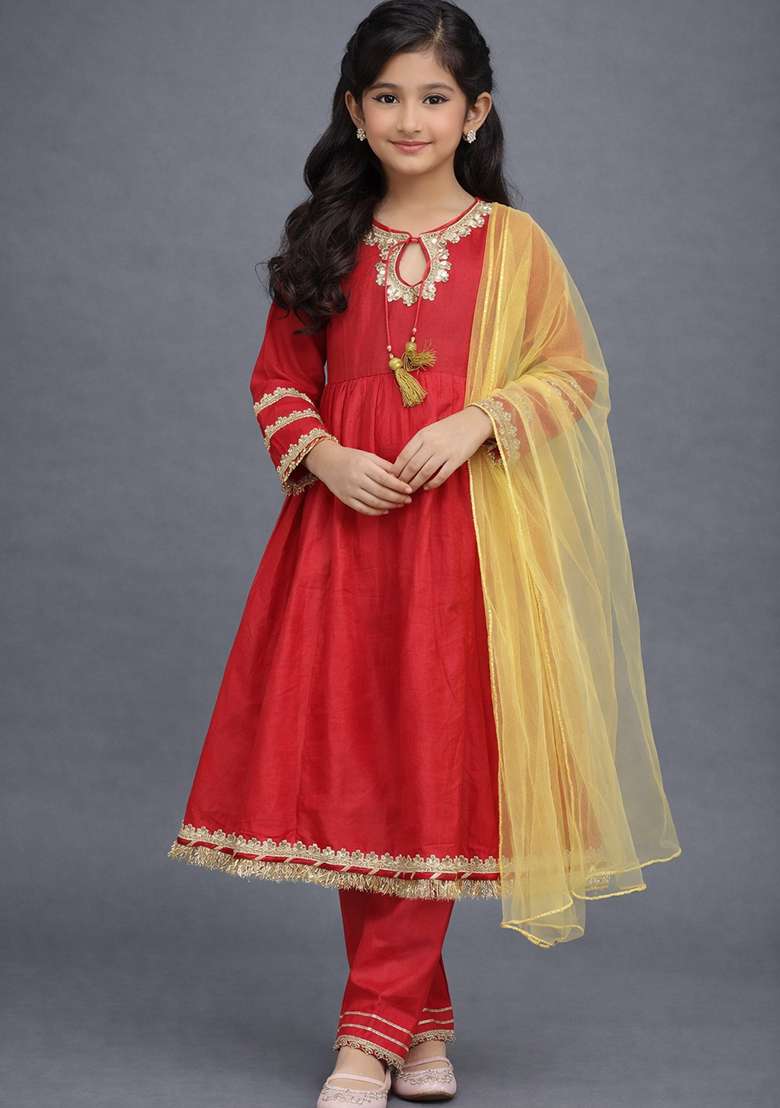 Coral Embellished Polyester Kurta Set For Girls - Indya