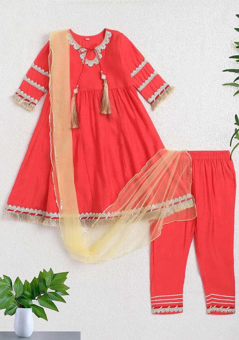 Coral Embellished Polyester Kurta Set For Girls - Indya