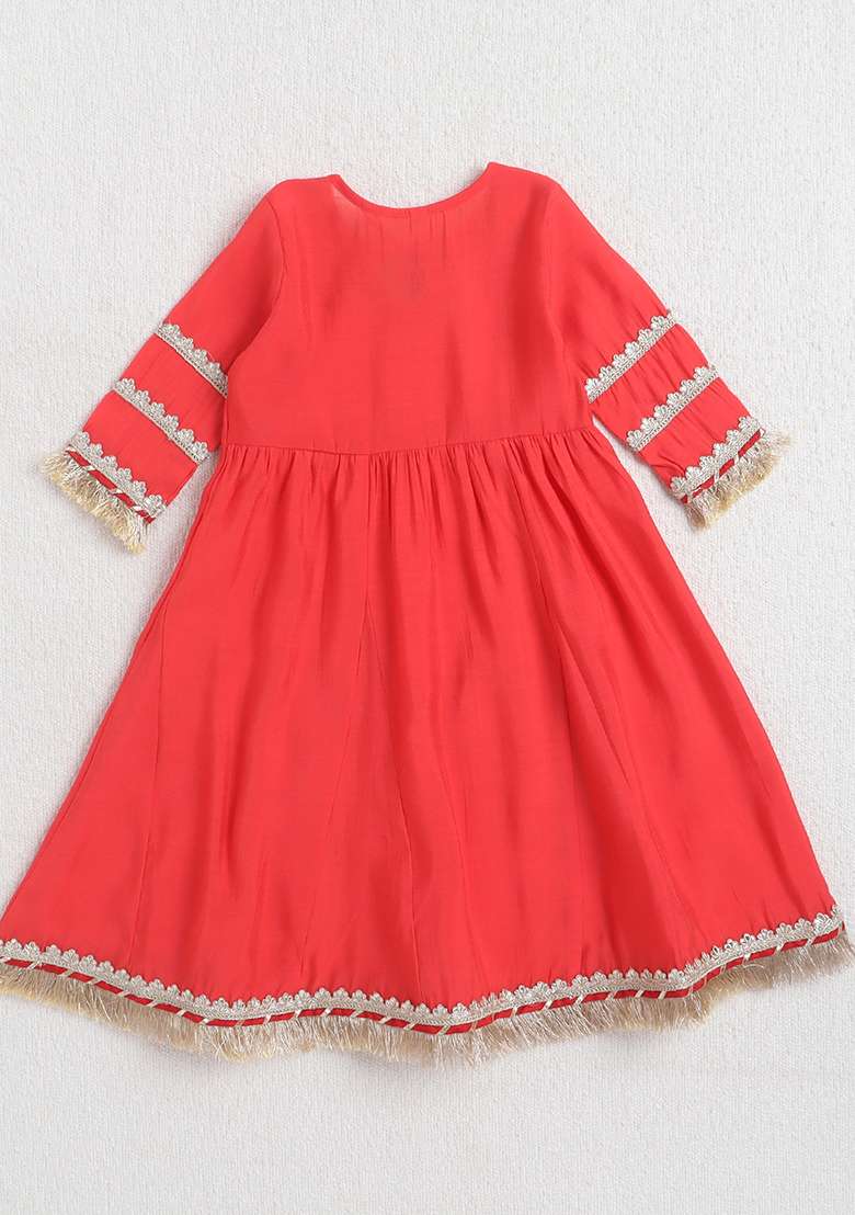 Coral Embellished Polyester Kurta Set For Girls - Indya