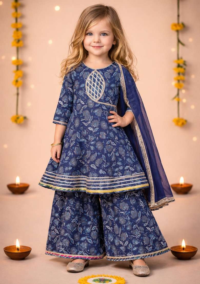 Blue Printed Cotton Kurta Set For Girls - Indya