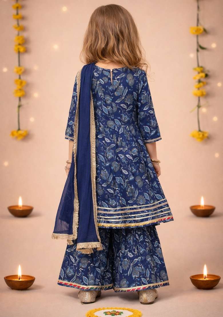 Blue Printed Cotton Kurta Set For Girls - Indya