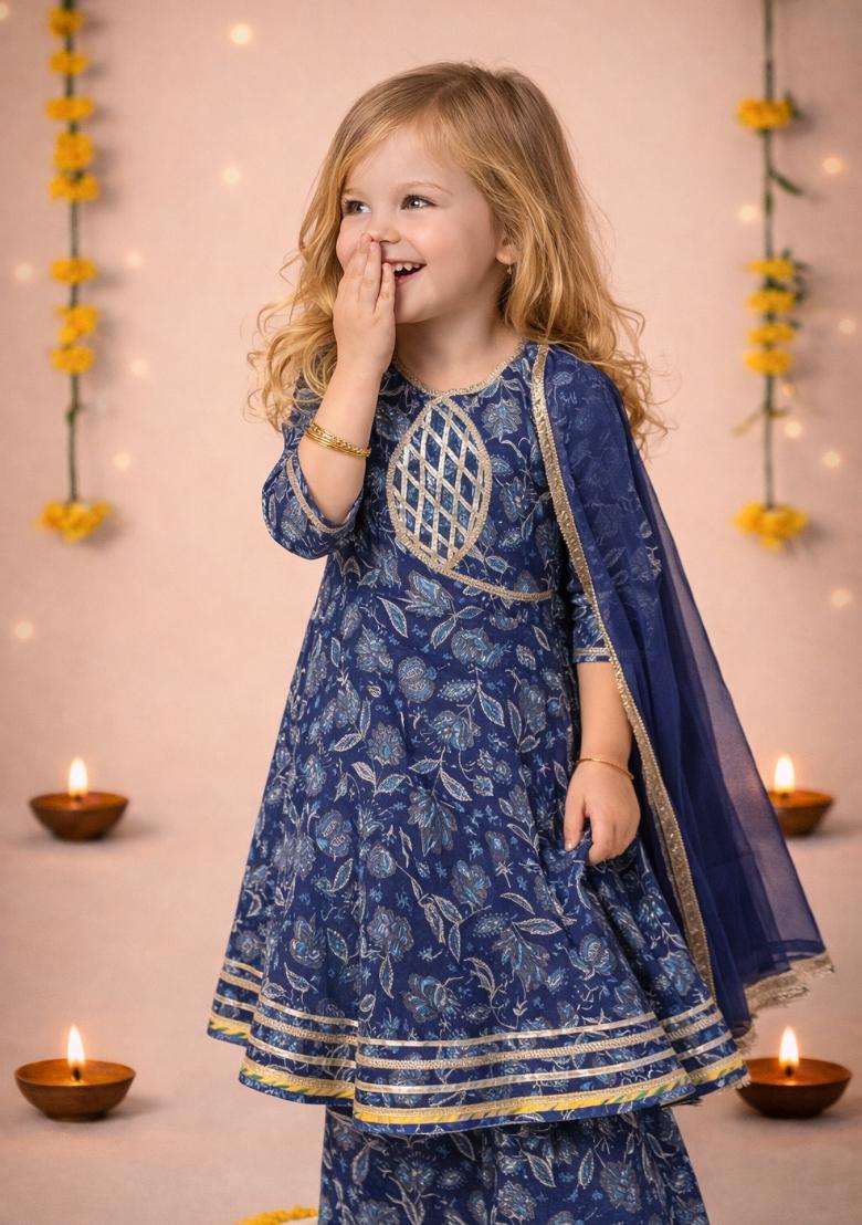 Blue Printed Cotton Kurta Set For Girls - Indya