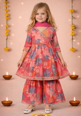 Pink Printed Cotton Kurta Set For Girls