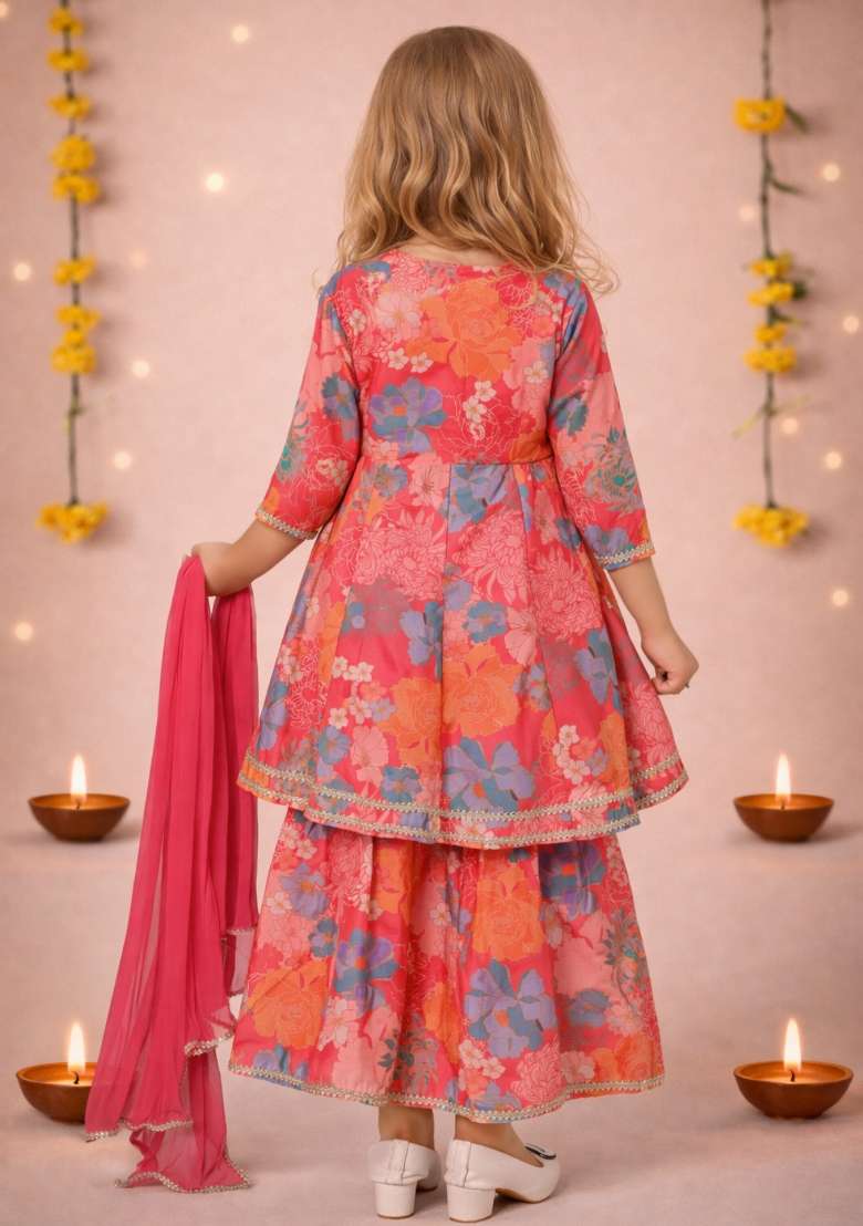 Pink Printed Cotton Kurta Set For Girls - Indya