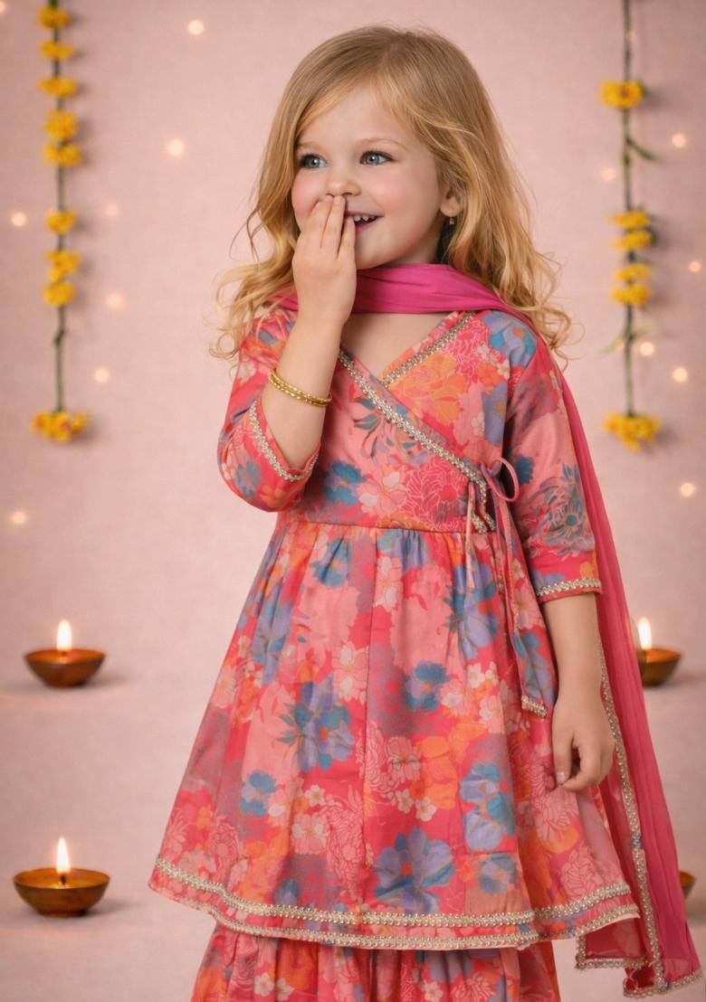 Pink Printed Cotton Kurta Set For Girls - Indya