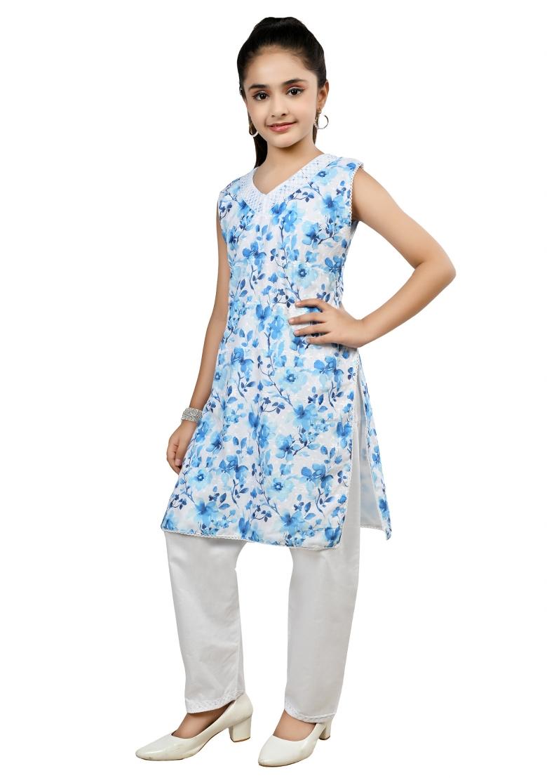 Blue Printed Cotton Kurta Set For Girls - Indya