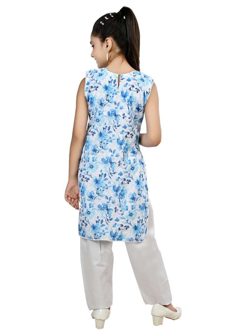 Blue Printed Cotton Kurta Set For Girls - Indya