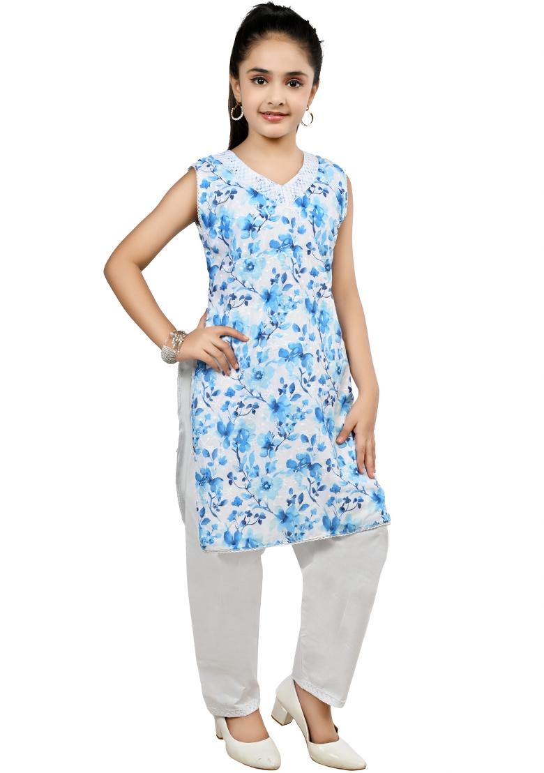 Blue Printed Cotton Kurta Set For Girls - Indya