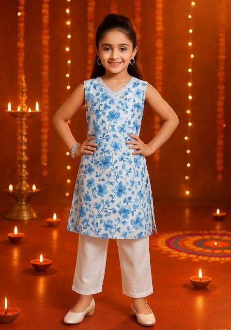 Blue Printed Cotton Kurta Set For Girls